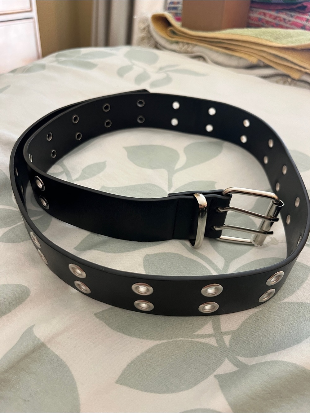 Black Double-Row Grommet Belt with Silver Hardware